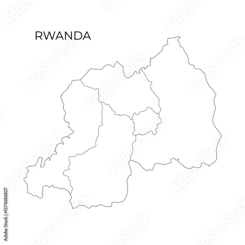 A black line map of Rwanda displaying its internal administrative divisions, with the country name labeled above on a white background