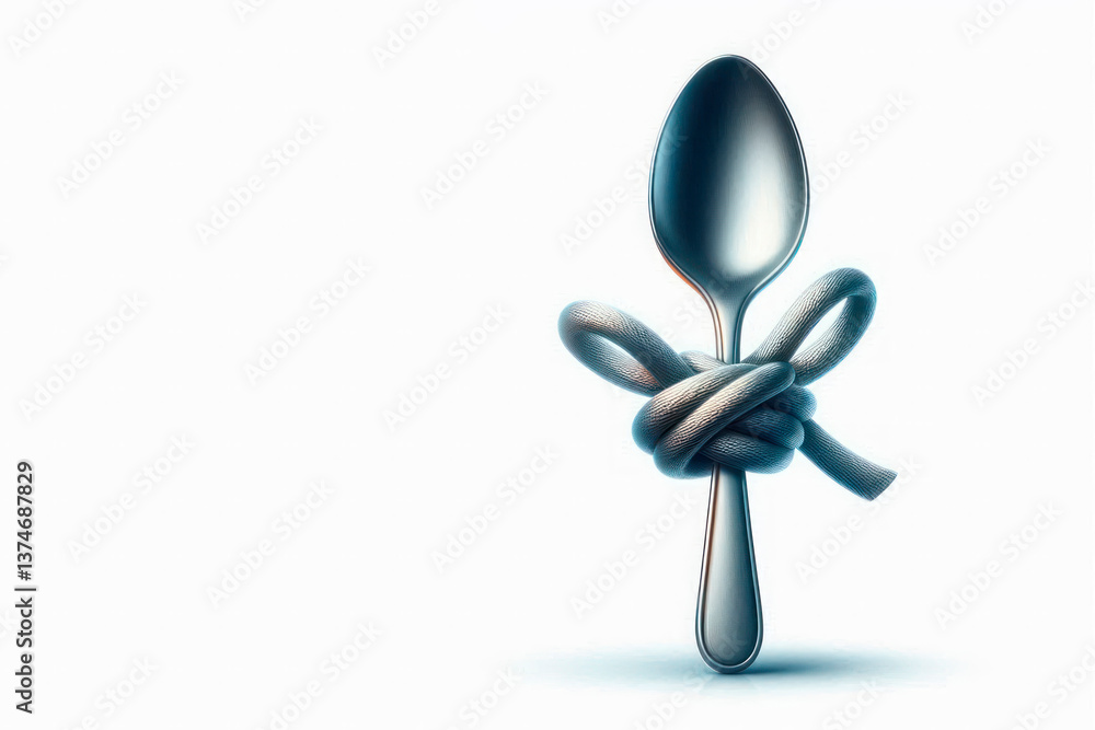 Spoon with a lace knot on a light background. Space for text. Spoon with a lace knot on a light background. Space for text.