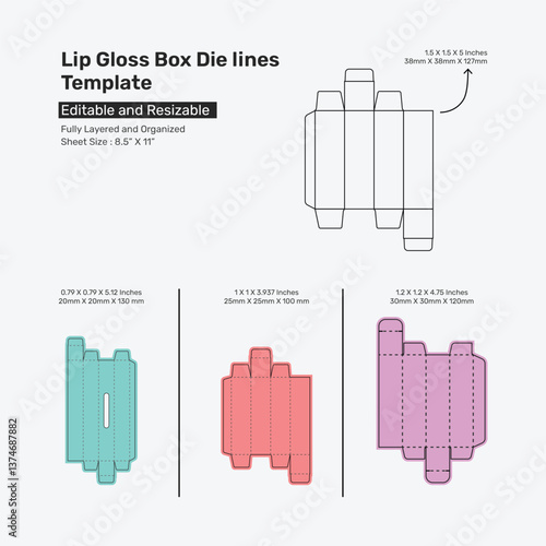 Lip gloss box die lines template set design for the standard size of lip gloss, lip gloss die cut set layout.