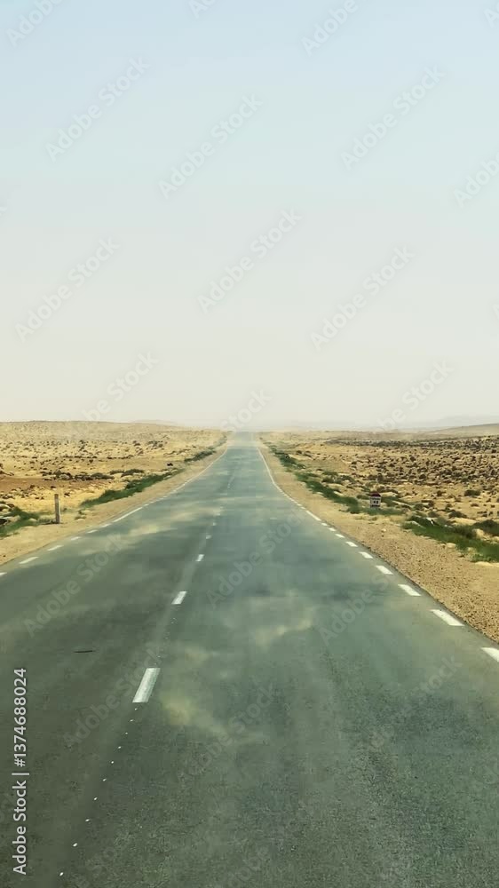 Straight road drive through the Sahara Desert under clear sky Straight road drive through the Sahara Desert under clear sky