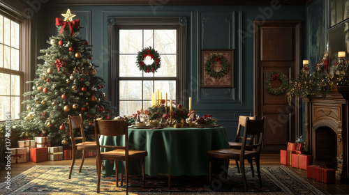 Wallpaper Mural Aesthetic composition of warm dining room interior with table, green tablecloth, christmas tree, wreath, candle, wooden console, glass, gifts and personal accessories. Home decor. Template. Torontodigital.ca