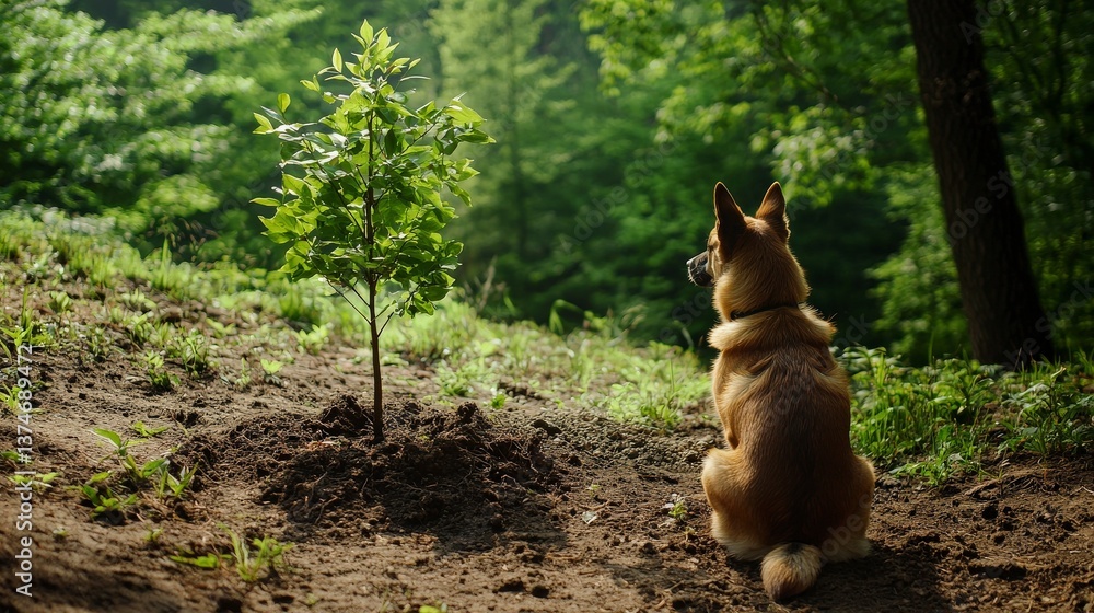 Naklejka premium Dog Sitting Next to Newly Planted Sapling in Nature