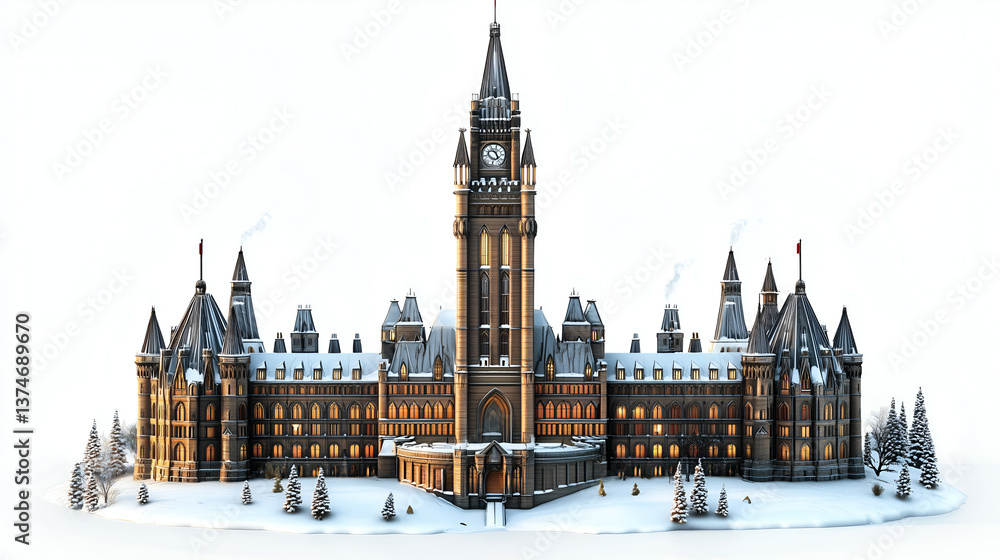 Fototapeta premium Explore the Snow-Covered Gothic Castle in Canada: A Winter Wonderland for Your Holiday Travel Destination