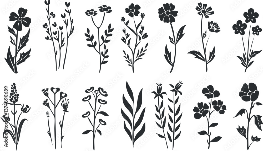 Collection of various floral silhouettes in black on a white background, showcasing botanical designs. Collection of various floral silhouettes in black on a white background, showcasing botanical designs.