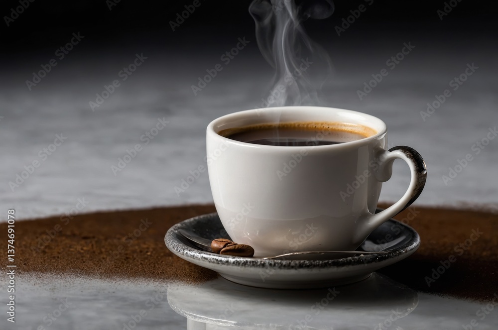 A steaming cup of coffee sits on a saucer, with a spoon resting beside it. The coffee is a light brown color, and the steam rising from it is white. A steaming cup of coffee sits on a saucer, with a spoon resting beside it. The coffee is a light brown color, and the steam rising from it is white.