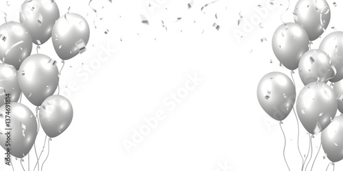 Beautiful celebration party vector with silver falling confetti and flying balloons on white background.