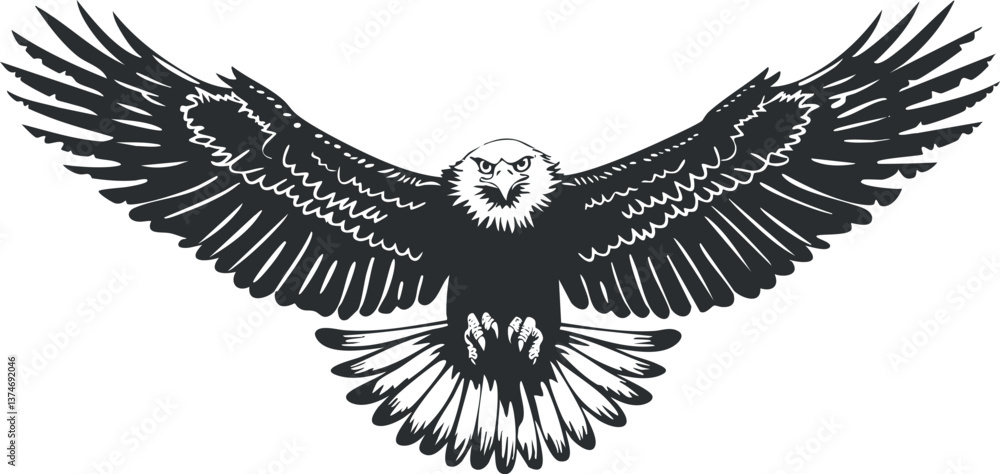 Fototapeta premium Black and white eagle silhouette with wings spread, symbolizing freedom and strength in flight.