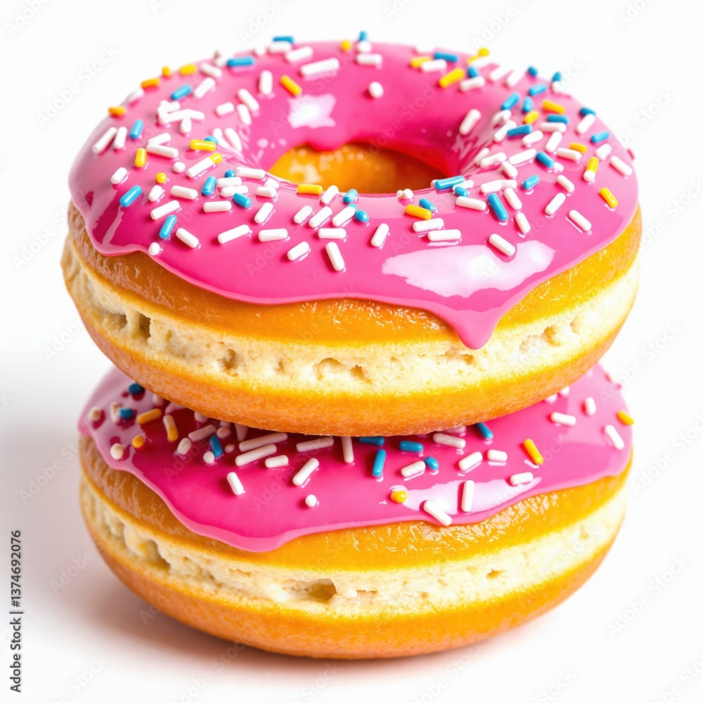 two pink donuts with sprinkles on top of each other two pink donuts with sprinkles on top of each other