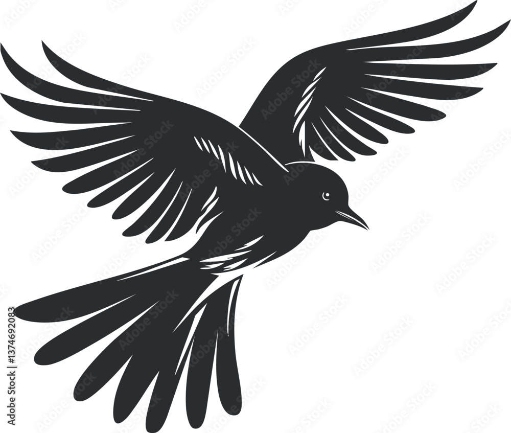 Obraz premium Black and white vector illustration of a bird in flight with spread wings.