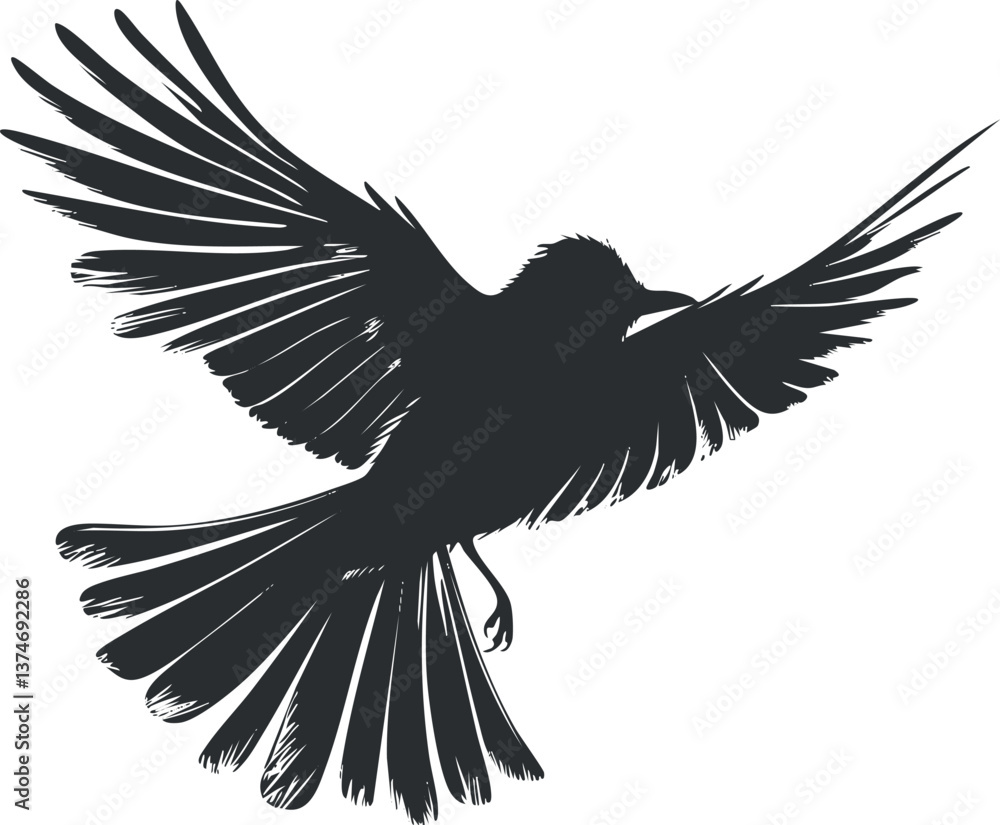 Obraz premium Silhouette of a bird in flight with wings spread wide, illustrating freedom and grace.