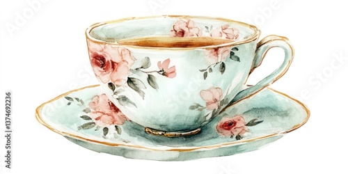 a detailed watercolor illustration of a teacup filled with tea, resting on a saucer, adorned with delicate floral designs 