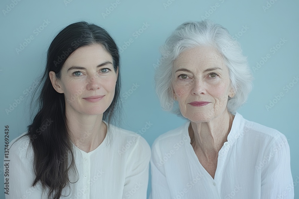 A grey-haired senior mother and her young daughter are embracing, holding hands and smiling happily A grey-haired senior mother and her young daughter are embracing, holding hands and smiling happily