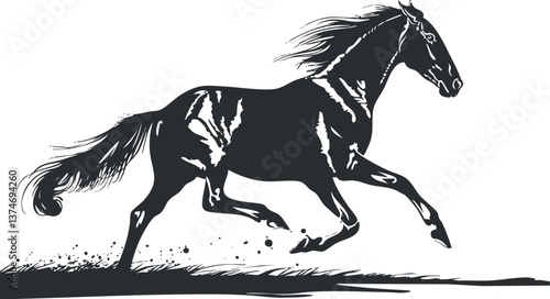 Silhouette of a galloping horse with dynamic motion and flowing mane on a white background.