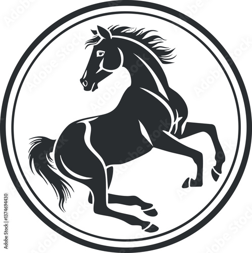 Black silhouette of a galloping horse inside a circular emblem, showcasing dynamic motion.
