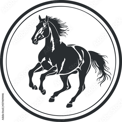 Silhouette of a galloping horse within a circular emblem, depicting strength and freedom.