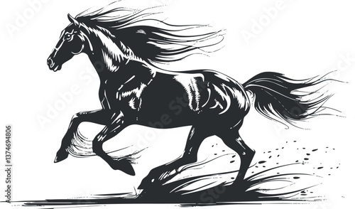 Dynamic black and white illustration of a galloping horse, capturing speed and elegance.