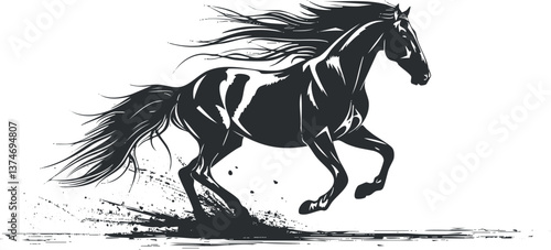 Dynamic black and white silhouette of a galloping horse with flowing mane and tail.