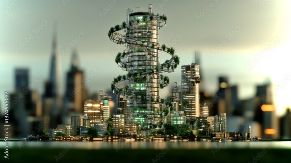 Fototapeta premium Futuristic cityscape showcases advanced technology and nature integration at twilight