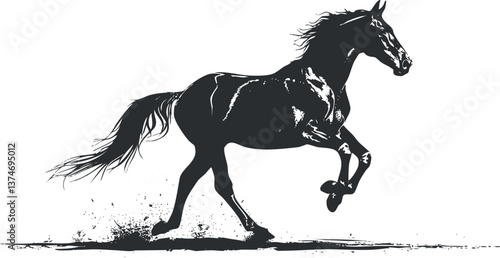 Black silhouette of a galloping horse, capturing motion and strength in a dynamic pose.