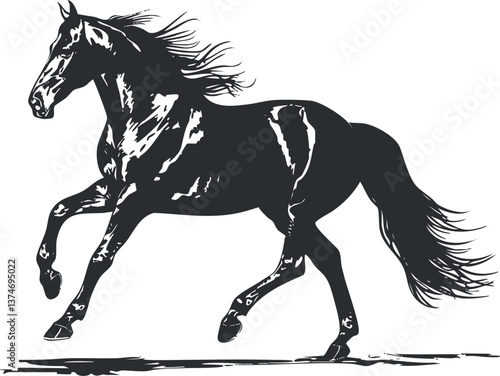 Silhouette of a galloping horse with flowing mane and tail, showcasing power and grace.