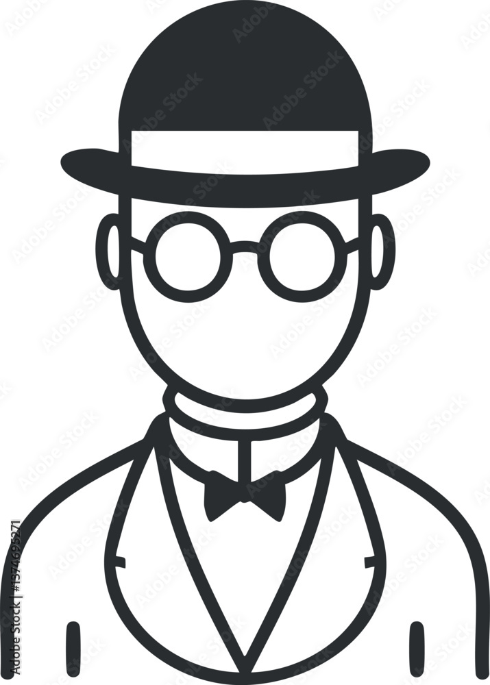 Monochrome illustration of a gentleman wearing a bowler hat and glasses, in a formal suit. Monochrome illustration of a gentleman wearing a bowler hat and glasses, in a formal suit.