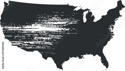 Abstract grunge silhouette of the USA map in black and white with brushstroke texture.
