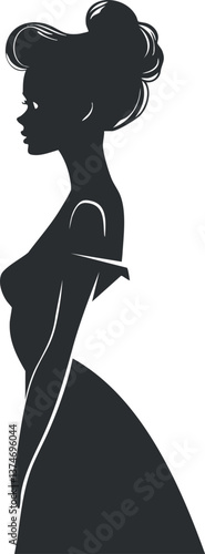 Silhouette of an elegant woman in profile wearing a stylish dress and updo hairstyle.