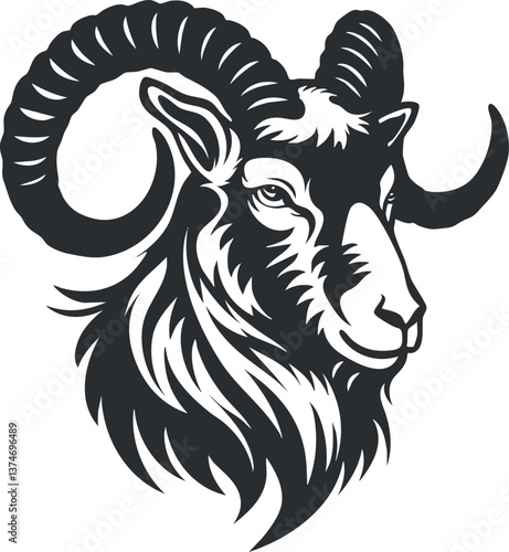 Black and white illustration of a ram with large curved horns in a bold silhouette style.