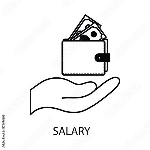 Vector icon for salary. Line art of money, coins, and payslip symbolizing earnings and wages.