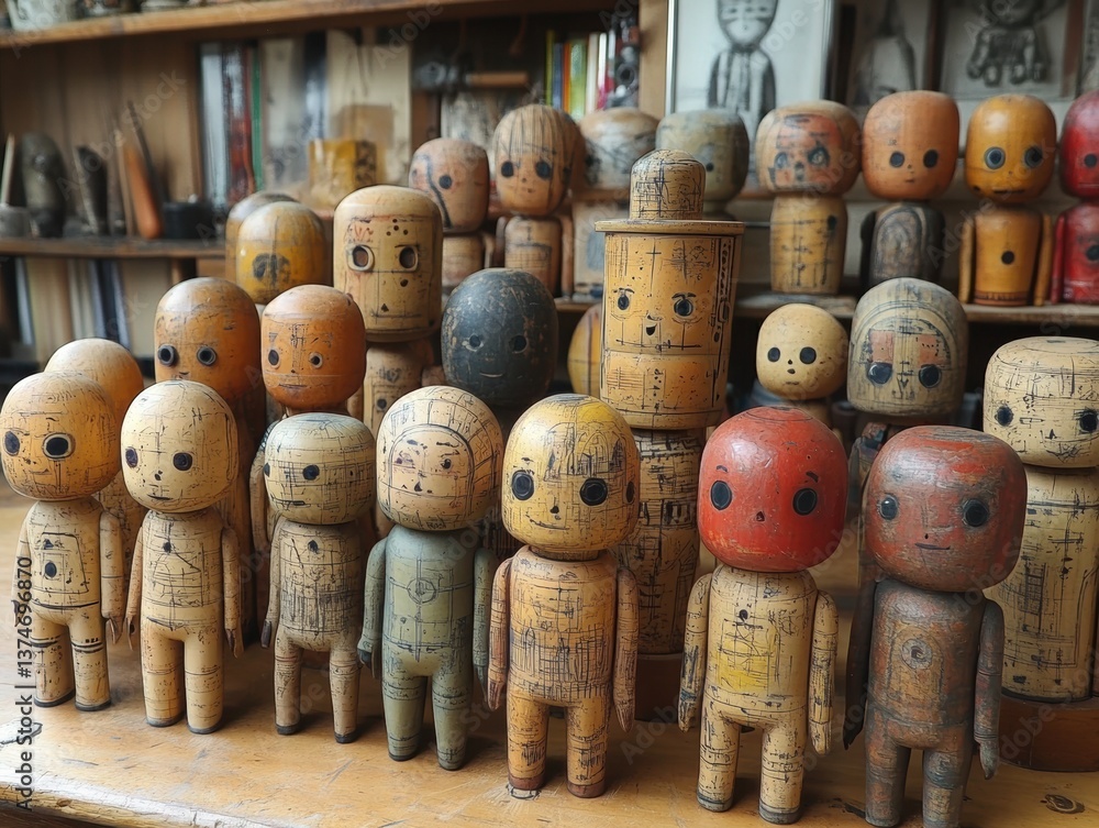 Obraz premium A Collection of Wooden Dolls and Decorative Items