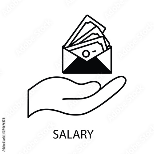 Vector icon for salary. Line art of money, coins, and payslip symbolizing earnings and wages.