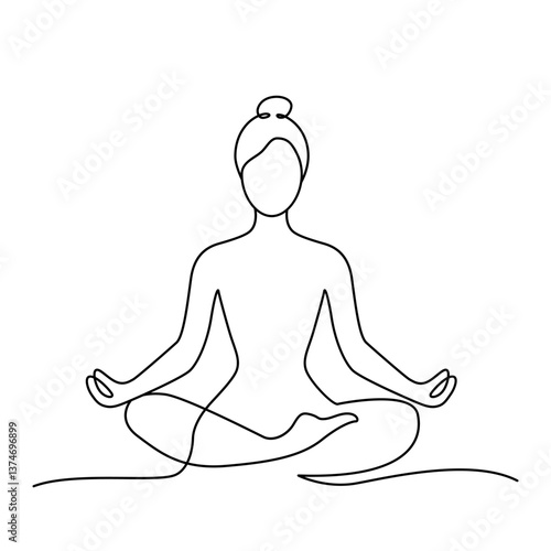 woman sitting in lotus position and meditating. vector illustration endless continuous line.