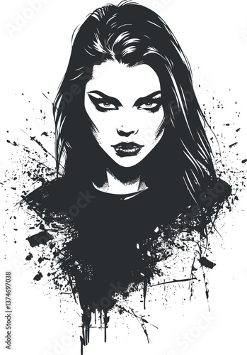 Black and white illustration of a woman with intense expression and ink splatter background.