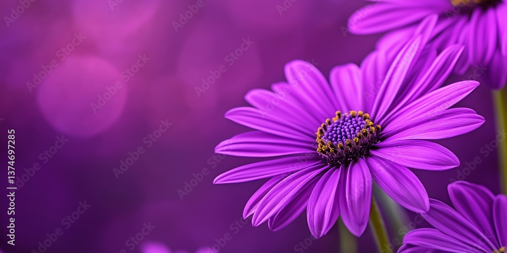 A vibrant purple daisy stands out beautifully against a soft purple background. A vibrant purple daisy stands out beautifully against a soft purple background.