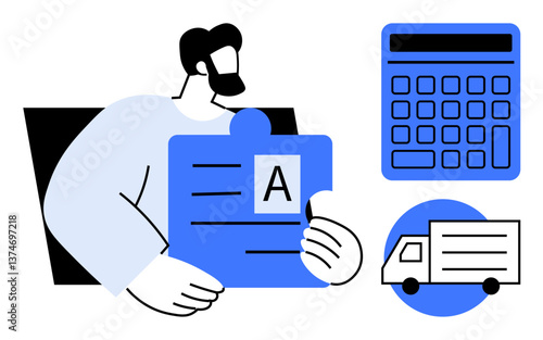 Male figure examines letter puzzle piece, calculator emphasizes calculations, truck symbolizes logistics. Ideal for education, management, delivery, calculation, organization, teamwork process