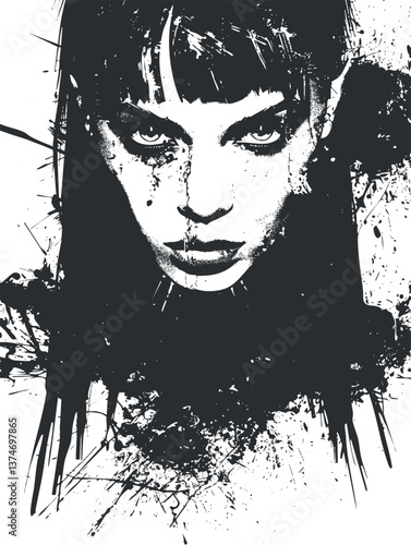 Artistic black and white portrait of a woman with an intense stare and grunge elements.