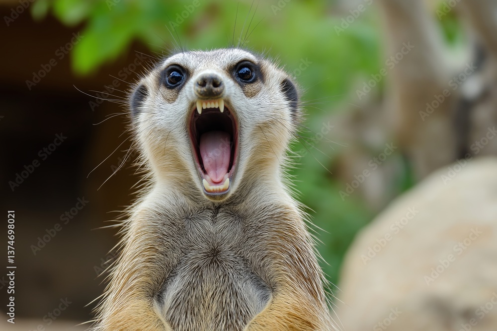 Fototapeta premium A angry meerkat stands on alert, showcasing its vibrant personality and expressive nature.
