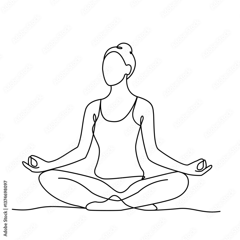 woman sitting in lotus position and meditating. vector illustration endless continuous line. woman sitting in lotus position and meditating. vector illustration endless continuous line.