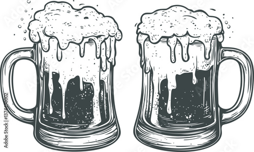 Two frothy beer mugs in black and white hand drawn illustration, vintage style. Vector illustration