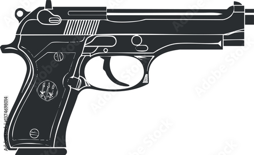 Black and white vector illustration of a pistol silhouette, showcasing detailed outline design.