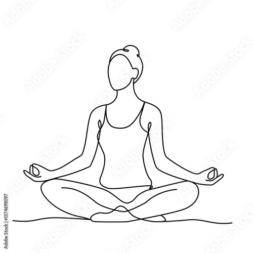 woman sitting in lotus position and meditating. vector illustration endless continuous line.