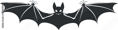 Black silhouette of a bat with outstretched wings, perfect for Halloween or spooky designs.