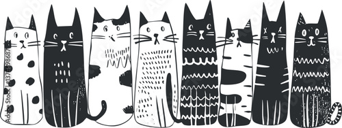 Illustration of whimsical black and white cats in a playful, minimalist cartoon style.