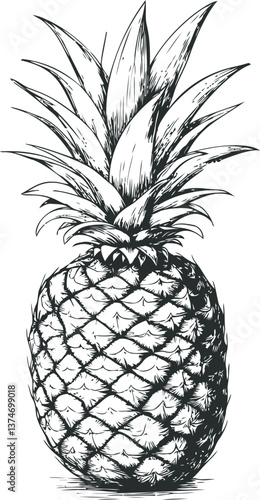 Detailed black and white pineapple drawing with intricate line art. Hand drawn style. Vector illustration
