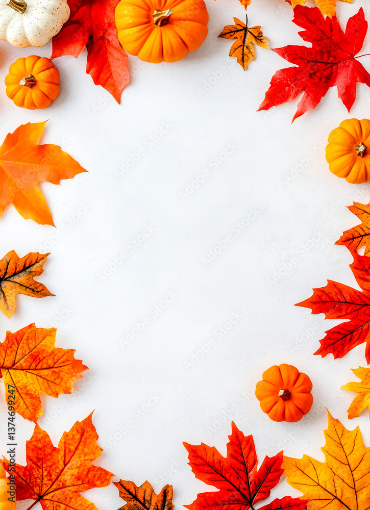 Fototapeta premium Autumn frame of colorful leaves and pumpkins decorating a white background