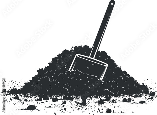 Silhouette illustration of a shovel in a pile of dirt, symbolizing excavation and manual labor.
