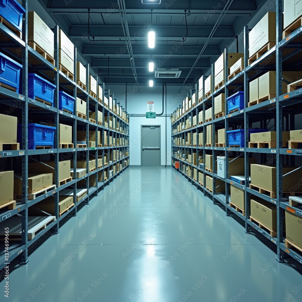 a long aisle in a warehouse with boxes and shelves a long aisle in a warehouse with boxes and shelves