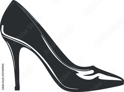 Black silhouette of a high heel shoe with pointed toe, representing classic women's fashion.