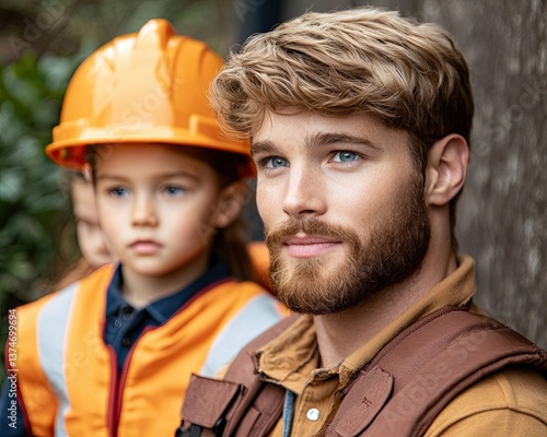 Quake fear management strategies, A confident man poses with a child wearing safety gear outdoors. Seismic disaster training, earthquake survival psychology