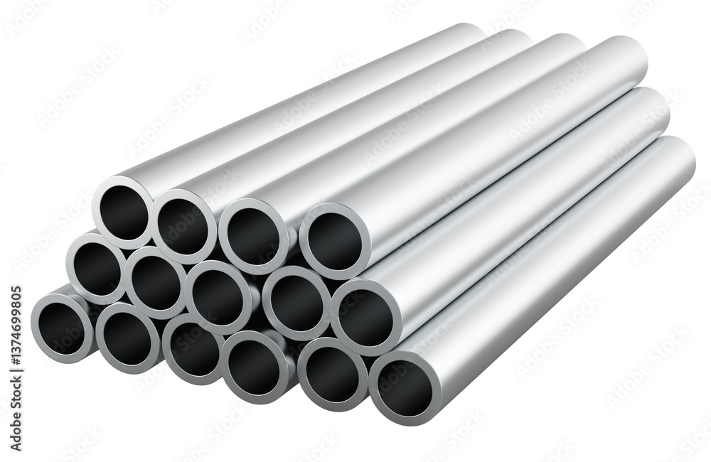 Fototapeta premium Steel pipes, stack of stainless, steel round pipes. 3D rendering isolated on transparent background